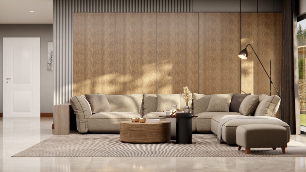 Nowoczesny salon z jasną sofą i drewnianymi akcentami