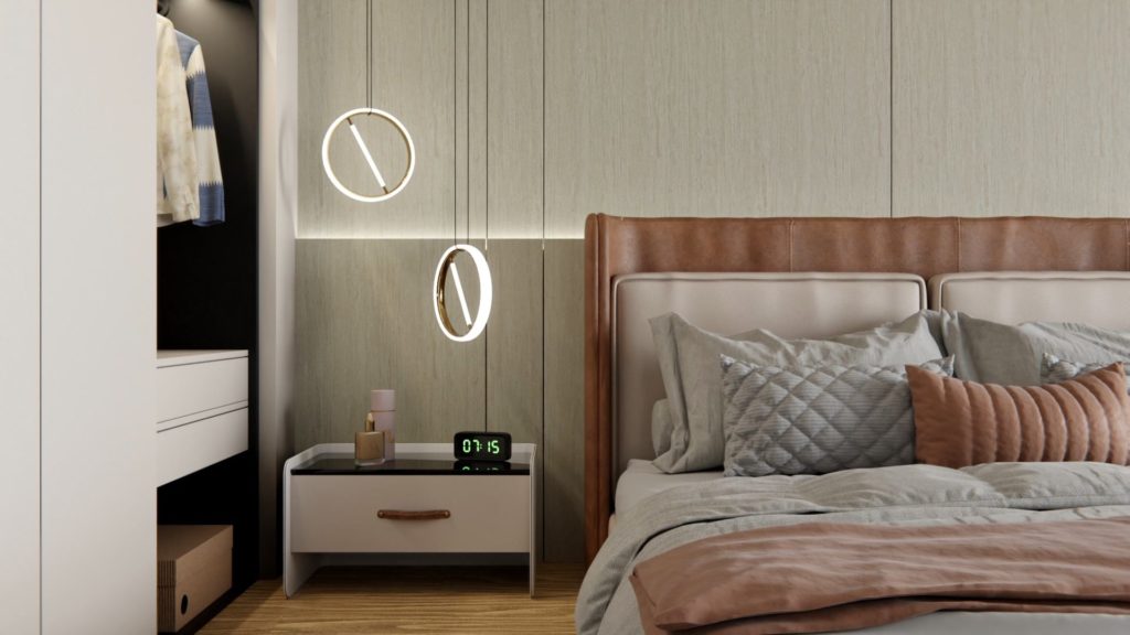 Nowoczesna sypialnia z eleganckim oświetleniem i dekoracjami.