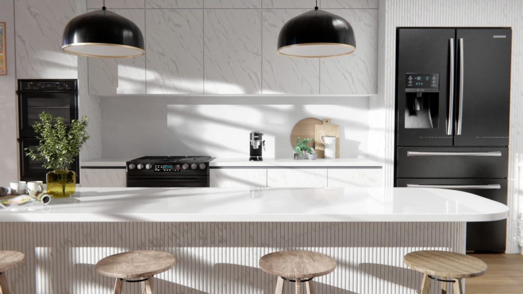 Nowoczesna kuchnia z białymi szafkami i czarnymi akcentami