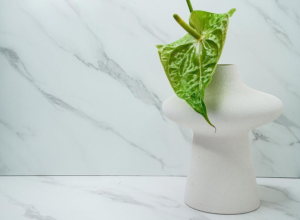Biała rzeźba z zielonym liściem na marmurowym tle