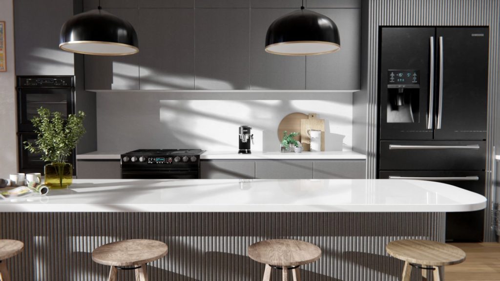 Nowoczesna kuchnia z białym blatem i eleganckimi akcesoriami.