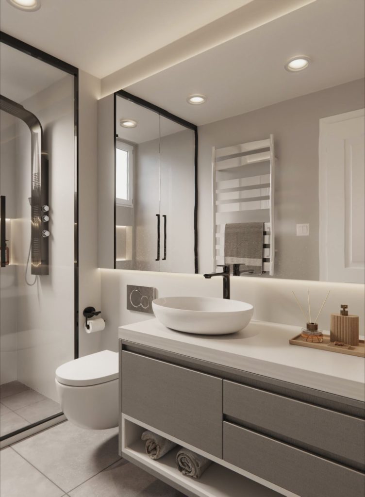 Nowoczesna łazienka z eleganckim wykończeniem i minimalistycznym stylem