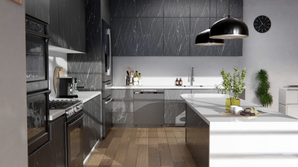 Nowoczesna kuchnia z ciemnymi szafkami i jasnym blatem.