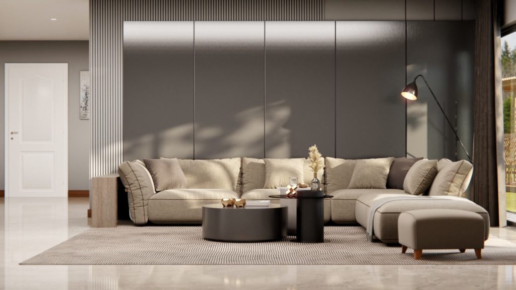 Nowoczesny salon z jasną sofą i eleganckim stolikiem kawowym