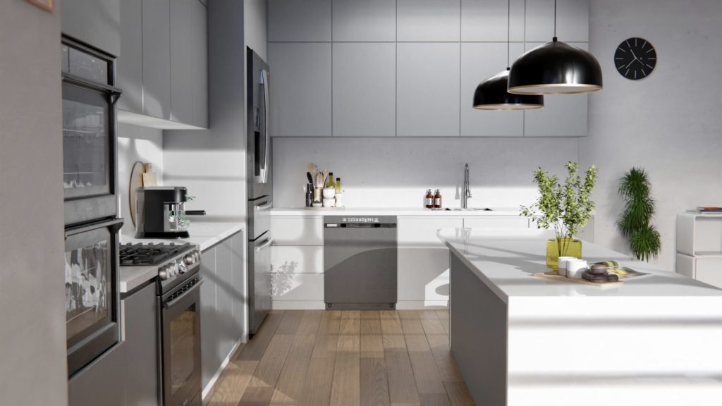 Nowoczesna kuchnia z szarymi szafkami i białym blatem roboczym